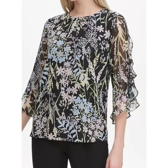Calvin Klein Ladies Black Floral Blouse Top Size M Ruffled 3/4 Sleeves Career - Picture 1 of 14